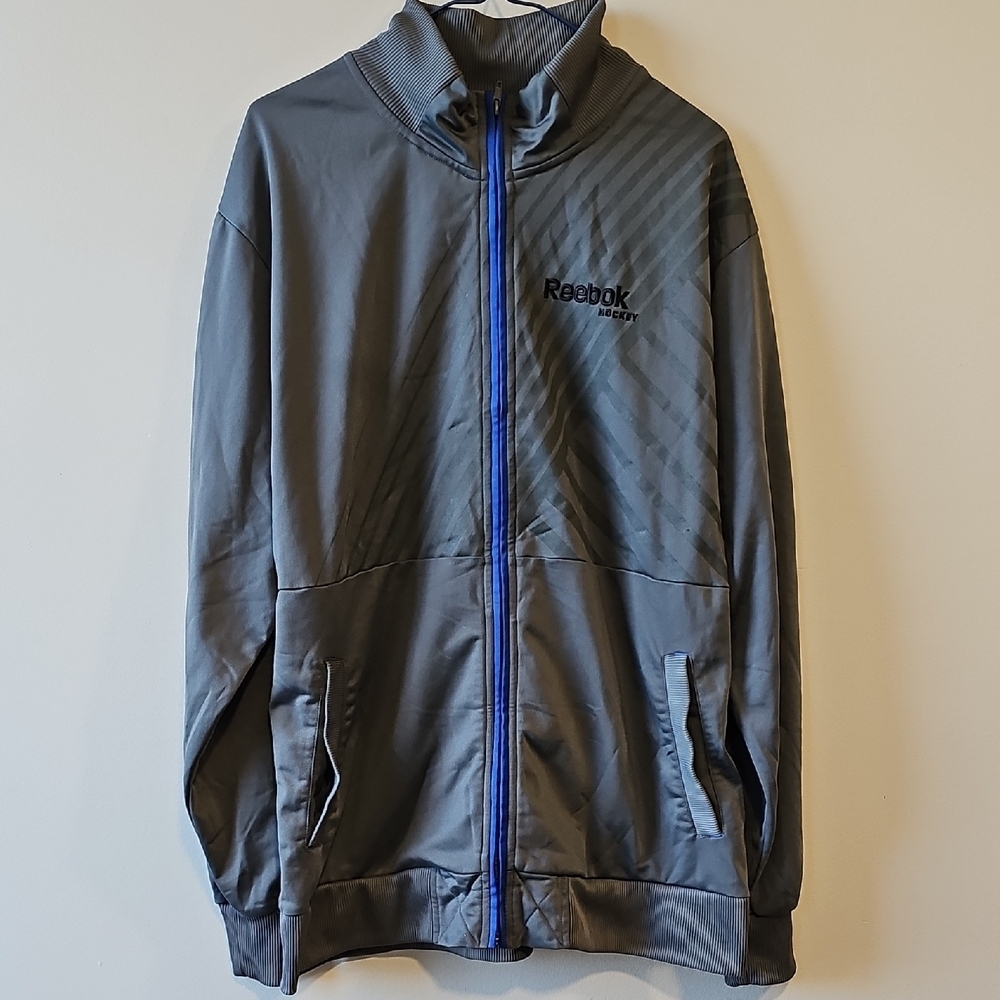 Reebok Lqrge Gray Zip Up Jacket with Blue Accents